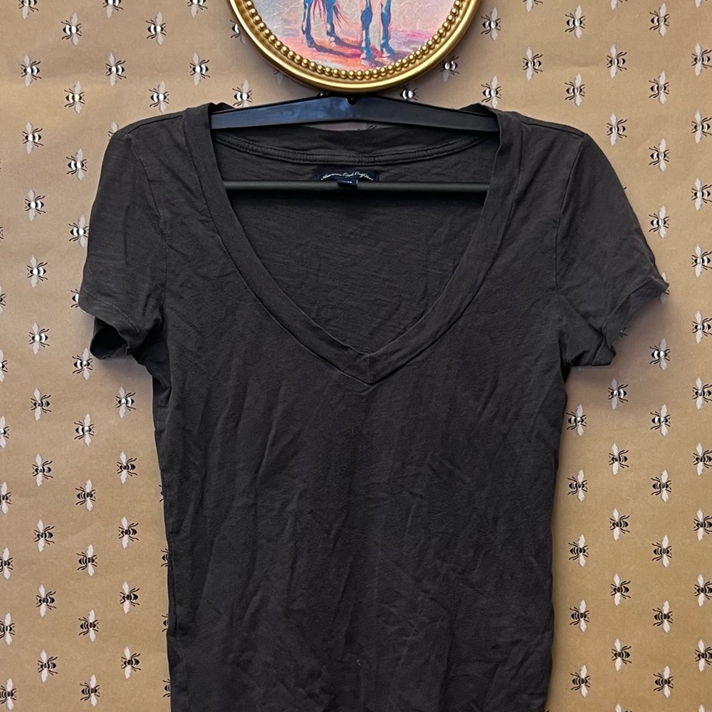American Eagle Outfitters Gray Fitted V-Neck T-Shirt